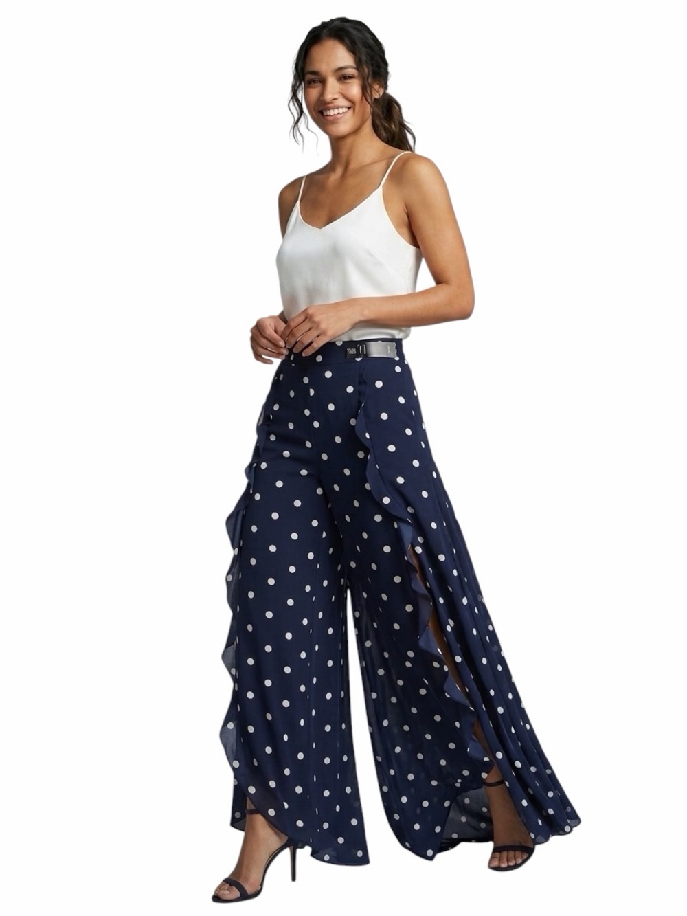 NY&CO Polka Dot Palazzo Pants - Size L | Ruffle High Waist Side Slit NWT